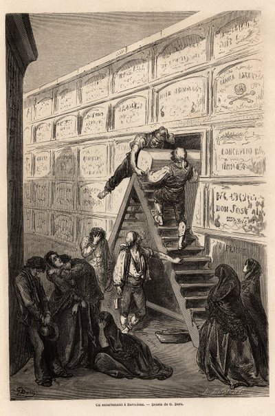 Eine Beerdigung in Barcelona, Zeichnung von Gustave Doré (1832-1883), zur Illustration seiner Reise nach Spanien mit C. Davillier im Jahr 1862. Gravur in „Le tour du monde“, herausgegeben von Edouard Charton von Gustave Dore