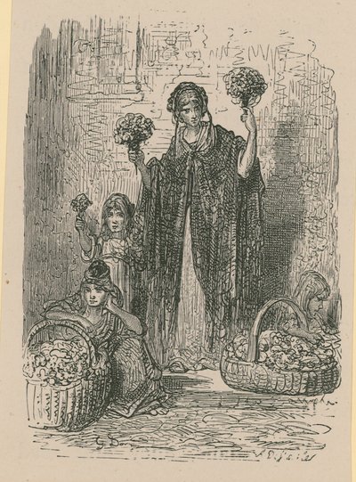 Eine Gruppe junger Frauen, die Blumen aus Körben verkaufen von Gustave Dore