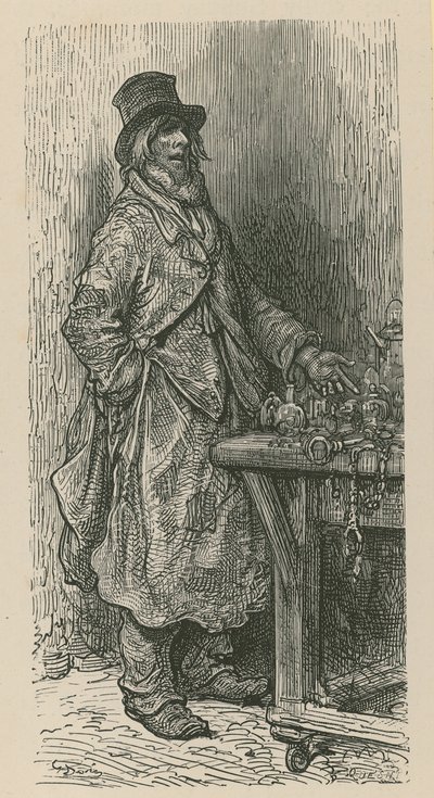 Ein Mann verkauft seine Waren von einem Marktstand von Gustave Dore