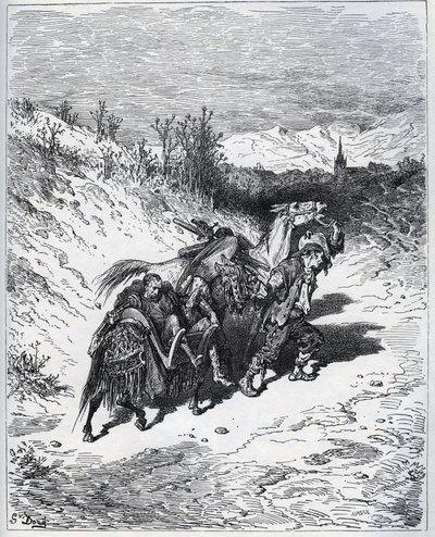 Ein Pflüger bringt Don Quijote und Rossinante ins Dorf zurück - aus "Don Quijote von der Mancha" von Miguel Cervantes von Gustave Dore