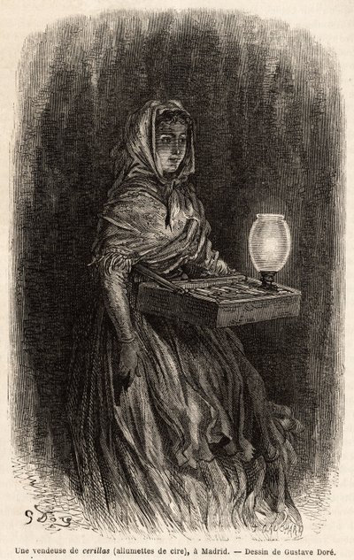 Eine Verkäuferin von Wachsstreichhölzern, Skizze live in der Puerta del Sol, in Madrid. Gravur von Gustave Doré (1832-1883) zur Illustration seiner Reise nach Spanien, mit Ch. Davillier (Herausgeber), veröffentlicht in „Le tour du monde“ 1869, herausgegebe von Gustave Dore