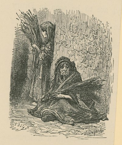 Eine Frau und ein junges Mädchen verkaufen Trockenblumen von Gustave Dore