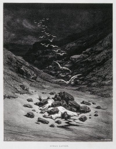 Achan wird gesteinigt (Josua 7:1,10-26), Illustration aus der Dore-Bibel von Gustave Dore