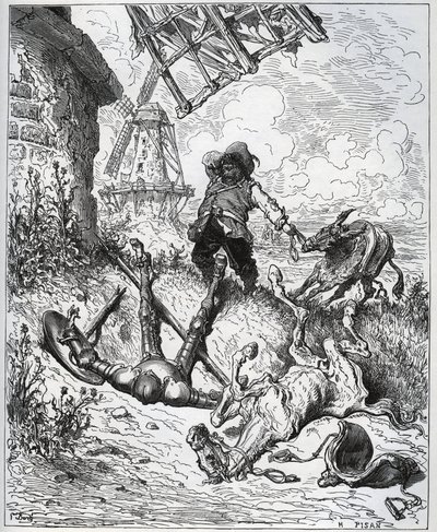 Nach dem Angriff auf die Windmühlen - „Misericorde! Sancho“ - aus „Don Quixote de la Mancha“ von Miguel Cervantes (1547-1616) - Holzschnitt nach einer Zeichnung von Gustave Doré von Gustave Dore