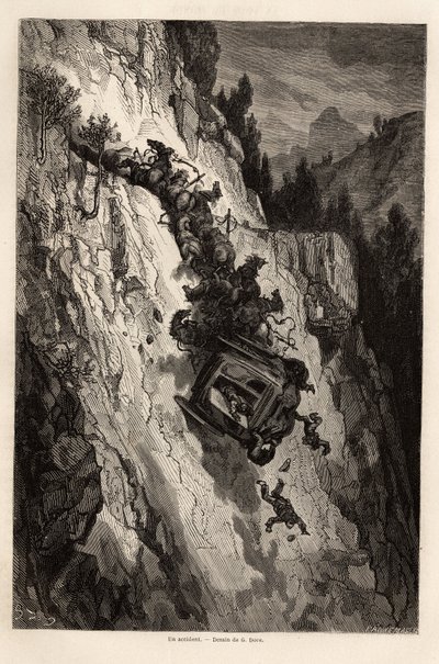 Ein Unfall der Diligence. Zeichnung von Gustave Doré zur Illustration seiner Reise nach Spanien mit C. Davillier 1862. Gravur in „Le tour du monde“, herausgegeben von Edouard Charton von Gustave Dore