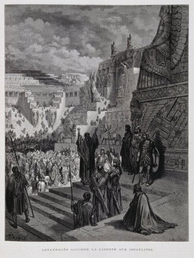 Artaxerxes gewährt den Juden in Persien Freiheit, Illustration aus der Dore-Bibel von Gustave Dore