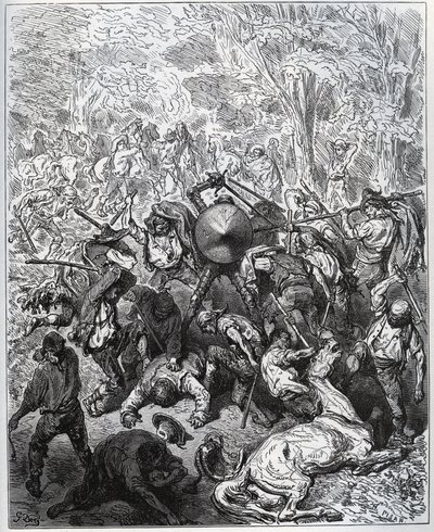Kampf mit Maultiermachern - Die Yangois benutzten ihre Keulen - aus „Don Quijote von der Mancha“ von Miguel Cervantes (1547-1616) - Holzschnitt nach einer Zeichnung von Gustave Doré von Gustave Dore