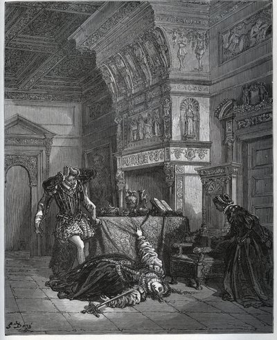 Camille täuscht Selbstmord vor Lothaire und Leonella - aus „Don Quijote de la Mancha“ von Miguel Cervantes (1547-1616) (Don Quijote) - Holzschnitt nach einer Zeichnung von Gustave Doré von Gustave Dore