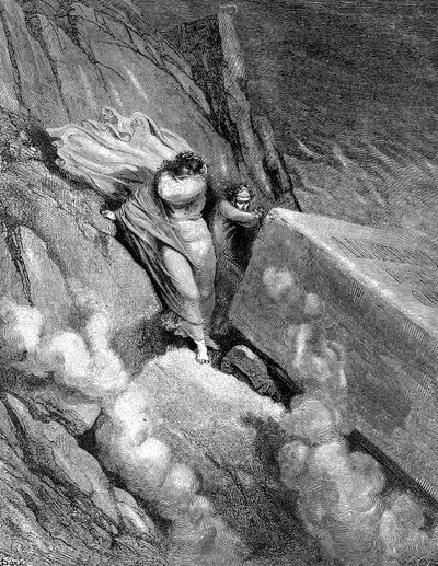 Dante und Virgil am Rand des Abgrunds, aus dem ein übler Geruch aufstieg, 1863 von Gustave Dore
