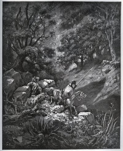 Don Quijote und Sancho Panza setzen ihre Reise in der Sierra Morena auf der Suche nach der Deguenille-de-la-Malaise-Mine fort - aus „Don Quijote von der Mancha“ von Miguel Cervantes (1547-1616) - Holzschnitt nach einer Zeichnung von Gustave Doré von Gustave Dore
