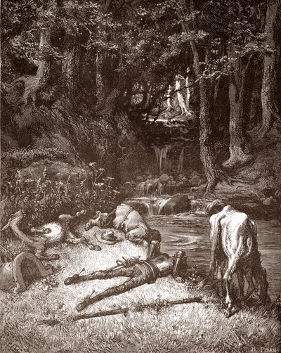 Don Quijote und Sancho Panza erfrischen sich an einem Bach, Gravur von Gustave Doré für 