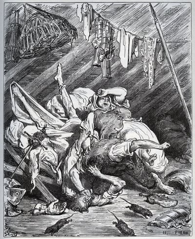 Don Quixote und ein Maultiermacher kämpfen um Maritornes, die Haushälterin, die Don Quixote für seine Dulcinea hält - aus „Don Quixote de la Mancha“ von Miguel Cervantes (1547-1616) - Holzschnitt nach einer Zeichnung von Gustave Doré von Gustave Dore