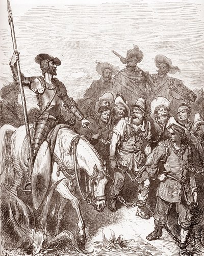 Don Quijote und Sancho Panza verhören die zu den Galeeren geführten Verbrecher. Gravur von Gustave Doré für „Der sinnreiche Junker Don Quijote von der Mancha“ von Miguel de Cervantes, 1863 von Gustave Dore