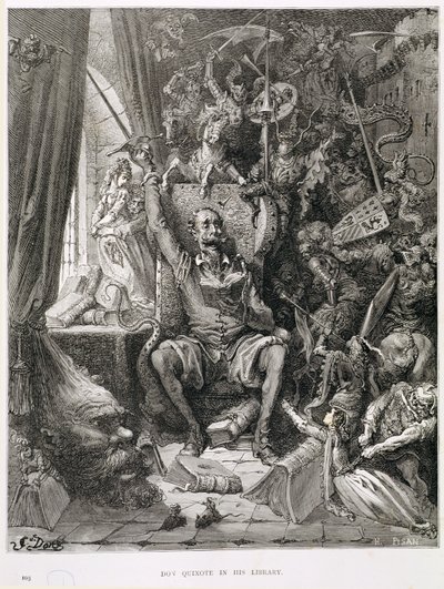 Don Quixote in seiner Bibliothek, graviert von Heliodore Joseph Pisan (1822-90) ca. 1868 von Gustave Dore