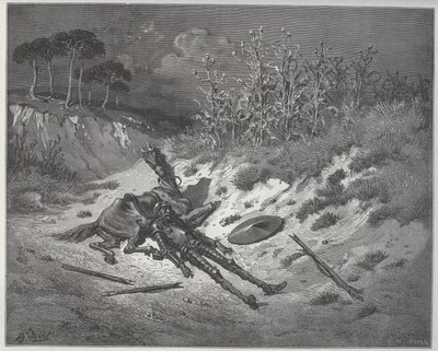 Don Quixote verwundet, fleht um Gnade und Hilfe der Figuren seiner Fantasie - aus „Don Quixote de la Mancha“ von Miguel Cervantes (1547-1616) - Holzschnitt nach einer Zeichnung von Gustave Dore von Gustave Dore
