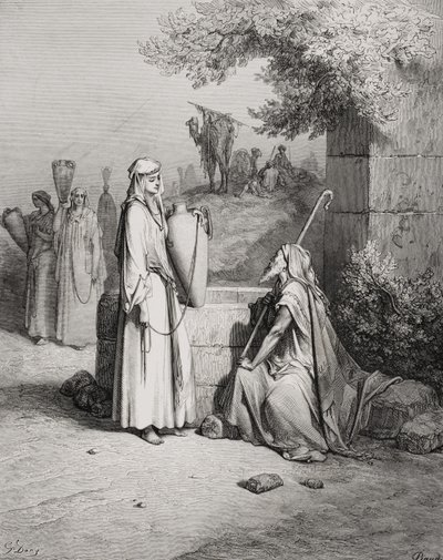 Eliezer und Rebekka, Genesis 24:15-21, Illustration aus Dores 