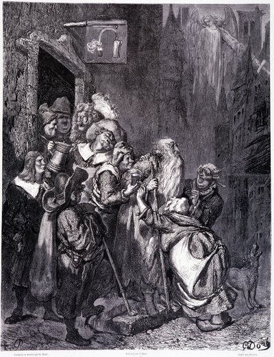 Tritt in dieses Gasthaus ein, Tafel IV - Illustration von Gustave Doré für La légende du Juif errant von Pierre Dupont, Paris 1862 von Gustave Dore