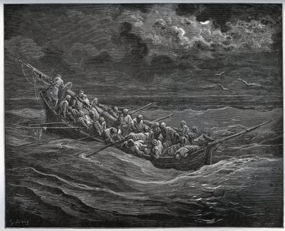 Flucht von Zoraide mit dem Gefangenen im Boot voller Flüchtlinge von Algier nach Spanien - aus „Don Quixote de la Mancha“ von Miguel Cervantes (1547-1616) - Holzschnitt nach einer Zeichnung von Gustave Doré von Gustave Dore