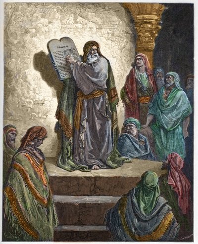 Esra der Schriftgelehrte liest dem Volk das Gesetz vor - Gravur in „Die illustrierte Bibel“ von Gustave Doré - Gravur aus „Die Doré-Bibel“ von Gustave Dore