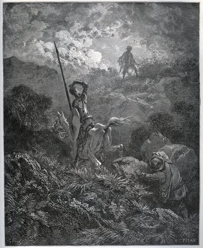 Erste Erscheinung der Deguenille-de-la-Malaise-Mine - aus „Don Quijote de la Mancha“ von Miguel Cervantes (1547-1616) (Don Quijote) - Holzschnitt nach einer Zeichnung von Gustave Dore. von Gustave Dore