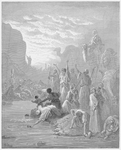 Moses schlägt den Felsen in Horeb von Gustave Dore