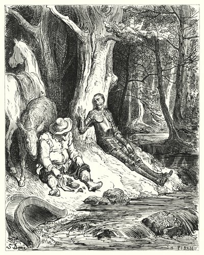 Gustave Dorés Don Quixote: "Ein klarer Brunnen, den Don Quixote und Sancho unter einigen grünen Bäumen fanden, diente ihnen zur Erfrischung" von Gustave Dore