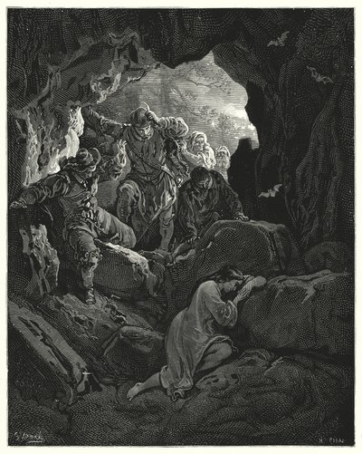 Don Quijote: "Eine Gruppe mit Offizieren wird ausgesandt ... die die arme verliebte Leandra in einer Höhle eines der Berge finden" (Gravur) von Gustave Dore
