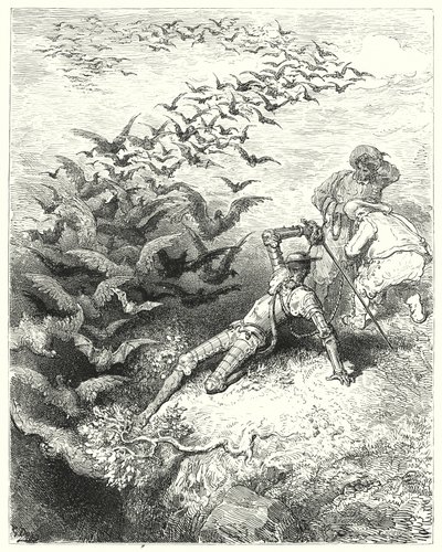 Don Quijote: "Eine unendliche Anzahl von übergroßen Krähen und Dolen kam aus der Höhle gestürzt und flatterte heraus" (Gravur) von Gustave Dore