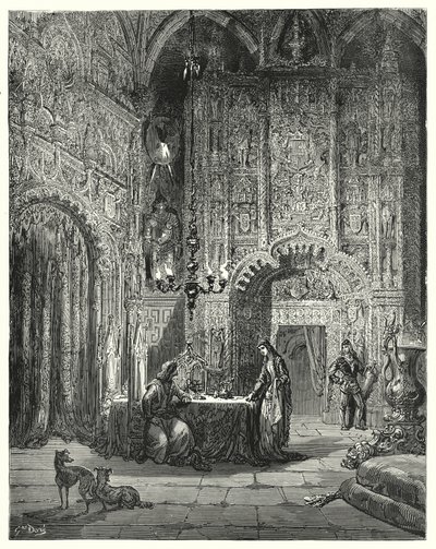 Eine andere Jungfrau kommt in den Raum und beginnt ihm zu erzählen, was für ein Schloss das ist und wie sie darin verzaubert ist (Illustration von Don Quixote) von Gustave Dore