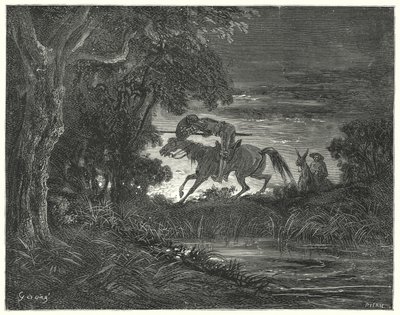 Gustave Dorés Don Quixote: "Don Quixote, begleitet von seinem unerschrockenen Herzen, sprang auf Rozinante" von Gustave Dore