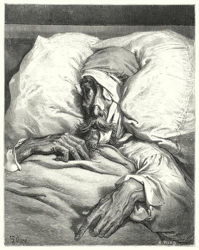 Gustave Dorés Don Quixote: "Don Quixote, so unglücklich verletzt, war äußerst mürrisch und melancholisch" (Stich) von Gustave Dore