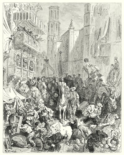 Gustave Dorés Don Quixote: "Sie schlossen ihn in die Mitte ihrer Brigade ein und führten ihn in Richtung Stadt" (Stich) von Gustave Dore