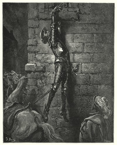 Gustave Dorés Don Quixote: "Er wäre unvermeidlich zu Boden gefallen, hätte sein Handgelenk nicht sicher am Seil befestigt gewesen" von Gustave Dore