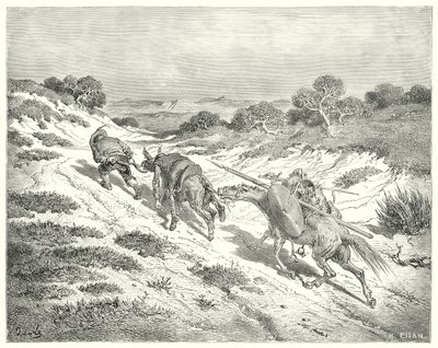 Gustave Dorés Don Quixote: "Er führte den Esel am Halfter und nahm den nächstgelegenen Weg, den er zur Hauptstraße erraten konnte" von Gustave Dore