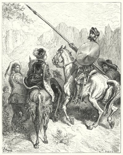 Gustave Dorés Don Quixote: "Nun, Dame," sagte Don Quixote, "lassen Sie mich Ihre Größe bitten, mir zu sagen, welchen Weg wir gehen müssen, um Ihnen zu dienen" (Stich) von Gustave Dore