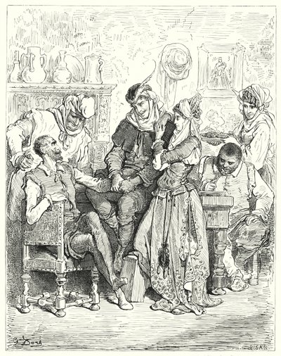 Gustave Dorés Don Quixote: "Sancho und sein Herr verweilten drei Tage bei dem jungen Paar und wurden wie Fürsten bewirtet" von Gustave Dore