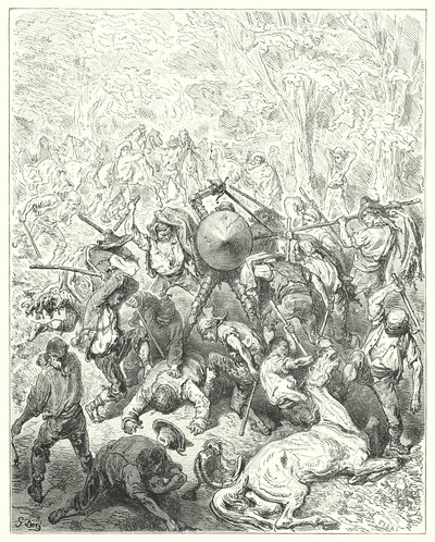 Gustave Dorés Don Quixote: "Die Yanguesen griffen zu ihren Hebeln und Packstäben" (Stich) von Gustave Dore