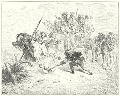 Gustave Dorés Don Quixote: "Der Narr des Stücks kam mit seinen Schellen tanzend herbei" von Gustave Dore