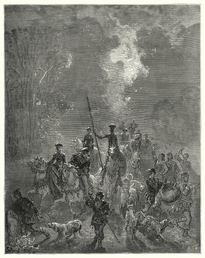 Der Morgen begann sein lächelndes Aussehen im östlichen Teil des Himmels zu verbreiten (Illustration von Don Quixote) von Gustave Dore