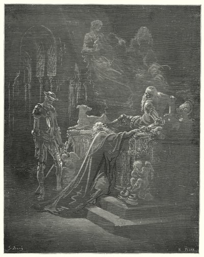 Der ehrwürdige Montesinos fiel vor dem betrübten Ritter auf die Knie (Illustration von Don Quixote) von Gustave Dore
