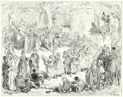 Don Quijote: "Sie wurden von einem ehrwürdigen alten Mann und einer matronenhaften Frau geführt" (Gravur) von Gustave Dore