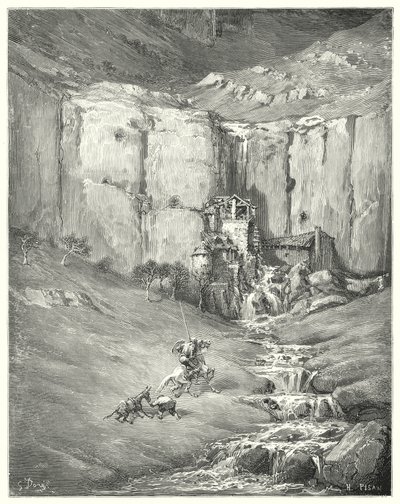 Gustave Dorés Don Quixote: "Als sie näher kamen, erschrak selbst der geduldige Rozinante vor dem schrecklichen Geräusch" von Gustave Dore