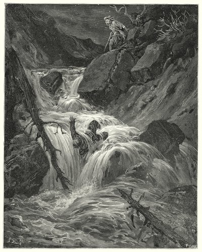 Gustave Dorés Don Quixote: "Mit der geringen Kraft, die ich hatte, stieß ich ihn einen Abgrund hinunter, wo ich ihn liegen ließ" von Gustave Dore