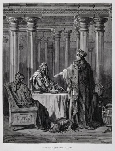 Haman wird von Königin Esther angeklagt, Illustration aus der Dore-Bibel von Gustave Dore