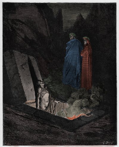 Inferno, Gesang 10: Farinata degli Uberti spricht zu Dante, Illustration aus "Die Göttliche Komödie" von Dante Alighieri, 1885 von Gustave Dore