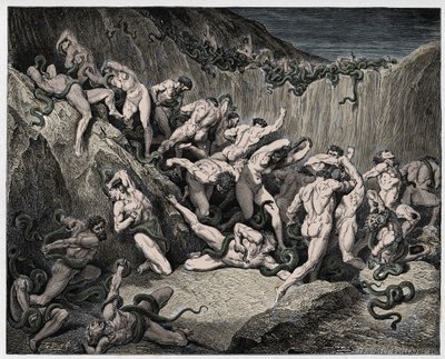 Inferno, Gesang 24: Die Diebe von Schlangen gequält, Illustration aus "Die Göttliche Komödie" von Dante Alighieri, 1885 von Gustave Dore
