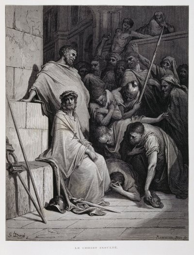 Beleidigungen für Christus während seines Prozesses, Illustration aus der Dore-Bibel von Gustave Dore