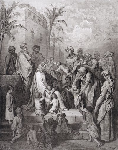 Jesus segnet die Kinder, graviert von Stephane Pannemaker, ca. 1868 von Gustave Dore