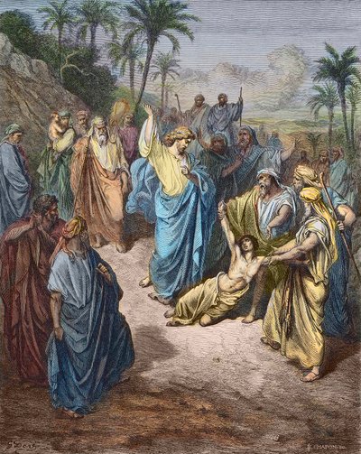 Jesus Christus heilt einen jungen Besessenen - Jesus heilt den Wahnsinnigen - Farbgravur nach Gustave Doré von Gustave Dore