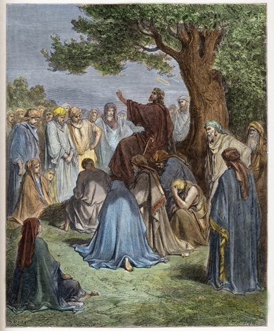 Jesus predigt der Menge - Gravur in „The Bible illustree“ von Gustave Dore (1832-1883) - Gravur aus „The Dore Bible“ von Gustave Dore
